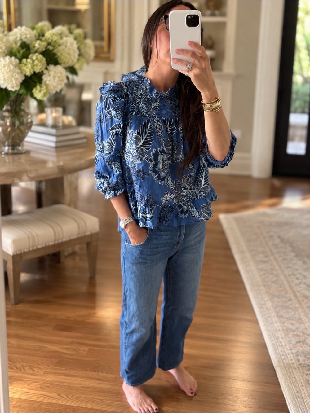 “Love the label”Blue Floral High-Neck Blouse super soft and light weight